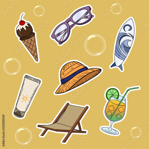Summer travel set collections with different elements icon stickers. Hand drawn outline summer vibe set. Summer time tropical elements