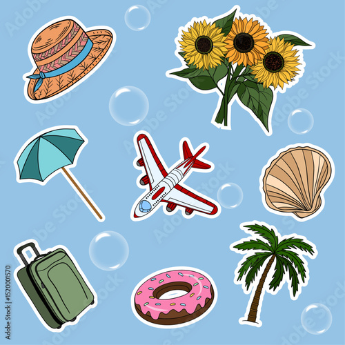 Summer travel set collections with different elements icon stickers. Hand drawn outline summer vibe set. Summer time tropical elements