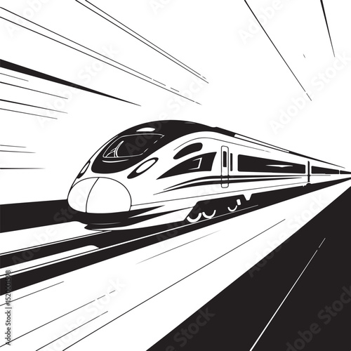 High-Speed Train Traveling Through Tunnel, Black and White Illustration