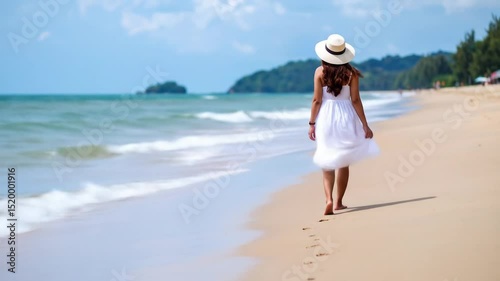 Woman in white dress walking on a tropical beach, leaving footprints on the sand