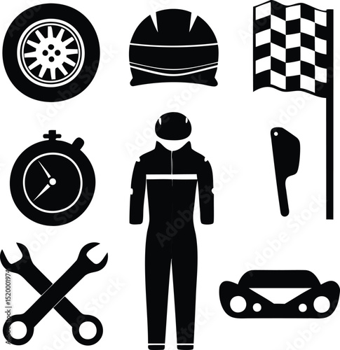 Silhouette vector set of motorsport and racing elements including helmet, driver suit, stopwatch, tools, racecar, and checkered flag, perfect for auto racing visuals