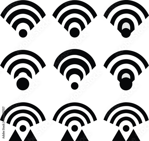 
A grid of four black and white icons illustrates different representations of wireless signals, including Wi-Fi and broadcast waves.
