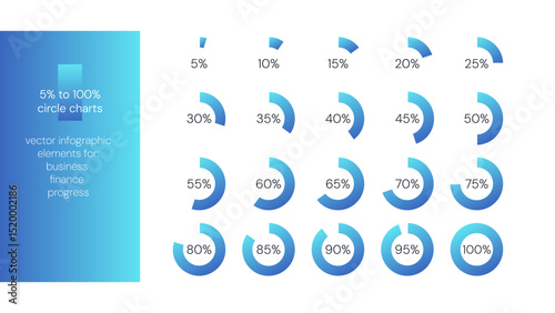 5 10 15 20 25 30 33 35 40 45 50 55 60 65 70 75 80 85 90 95 100 percent charts. Vector percentage infographics. Diagrams set. Illustrations for business, finance, growth
