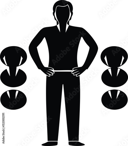 Silhouette vector of a manager surrounded by people icons, representing teamwork, collaboration, business communication, leadership, and corporate connection visuals