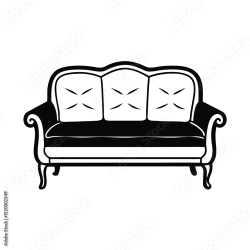 Black and White Couch Illustration Classic Sofa with Button Tufting and Elegant Design
