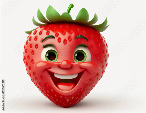 Une fraise très souriante en gros plan , arrière plan fond blanc uni