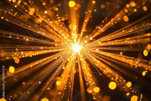 Golden light streaks and bokeh sparkles on a dark background