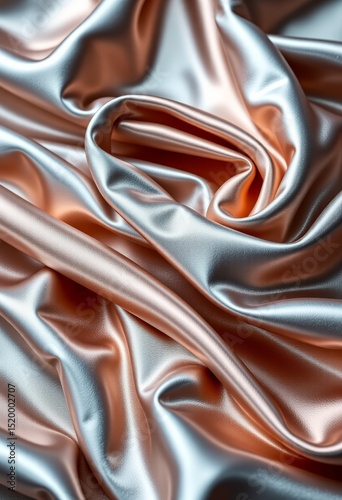 Satin fabric in silver and peach tones with soft folds and texture  