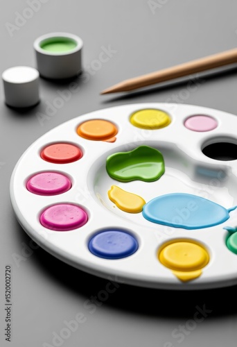 Colorful paint palette with watercolor paints and paintbrush on gray surface  