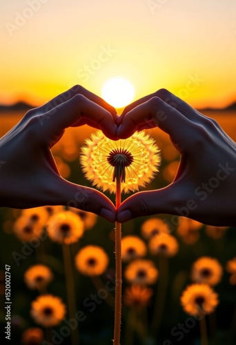 Hands forming heart shape around dandelion at sunset in field  