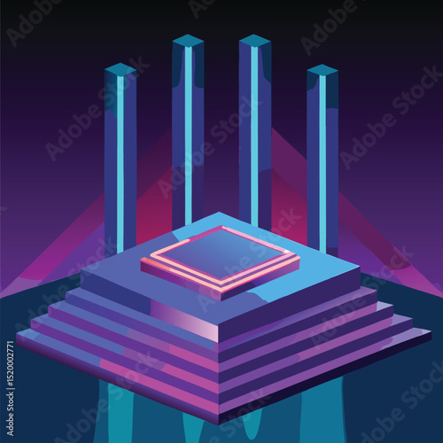 Isometric platform with glowing pillars and square in purple and blue