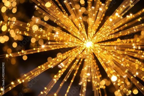 Abstract golden light streaks radiating from a central point