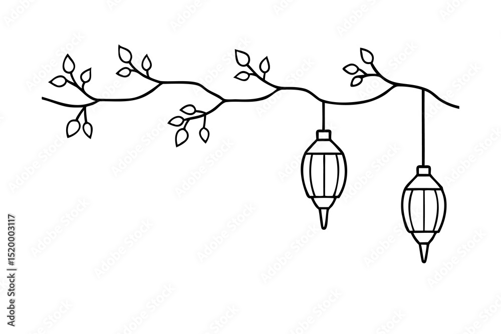 Elegant lineart branch with hanging lanterns design element Elegant lineart branch with hanging lanterns design element