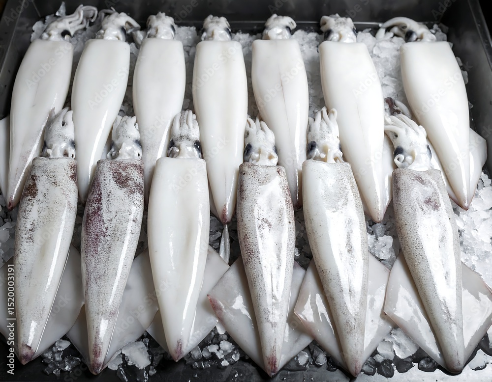 Obraz premium Fresh Raw Squid on Ice Seafood Market Display Close up of Many Cleaned Squids Ready for Sale