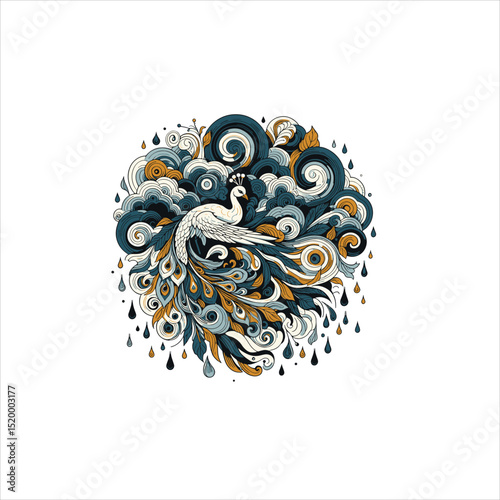 Ornate white peacock with swirling blue and gold feather illustration