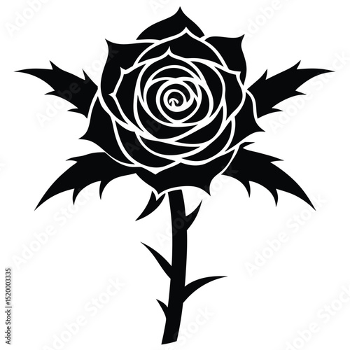 Black Rose Illustration Elegant Floral Design with Thorns and Spiky Leaves Pattern