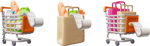 Realistic shopping cart, trolley and bag with food and bill payment 3D vector set, metal basket on wheels with purchases