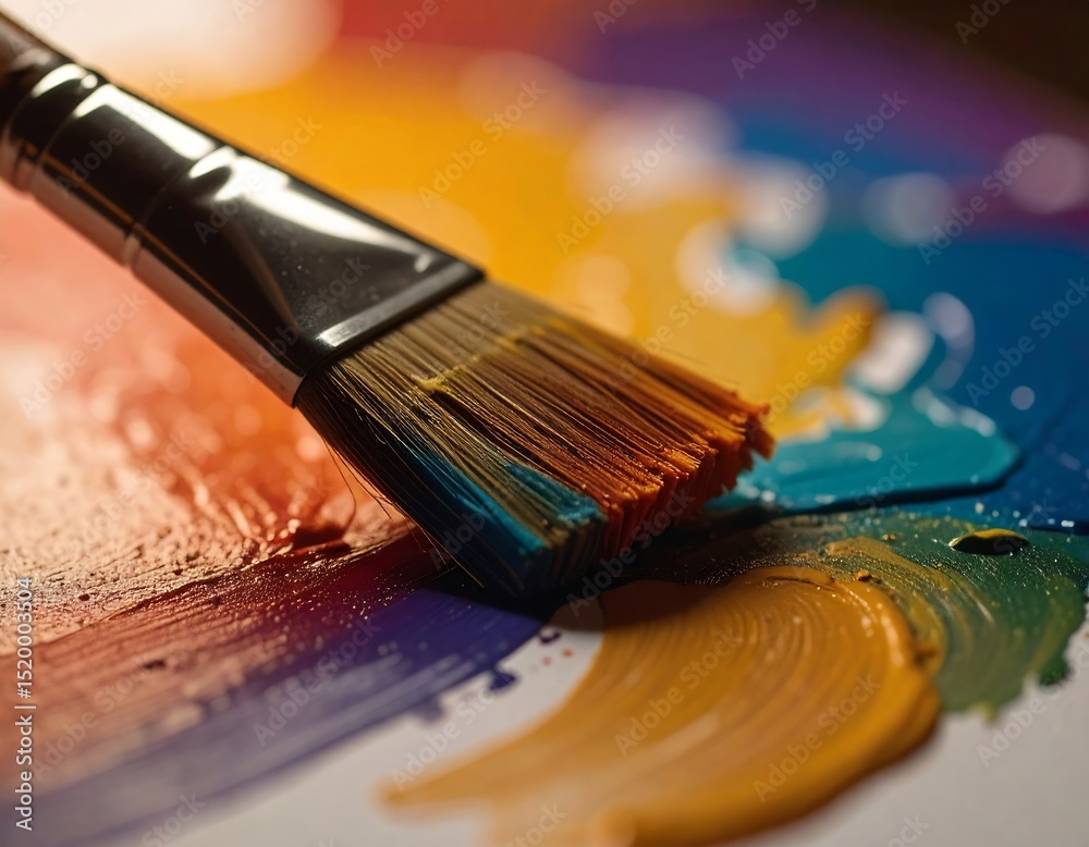 Fototapeta premium Artist's Paintbrush on Vibrant Acrylic Colors Palette Close Up