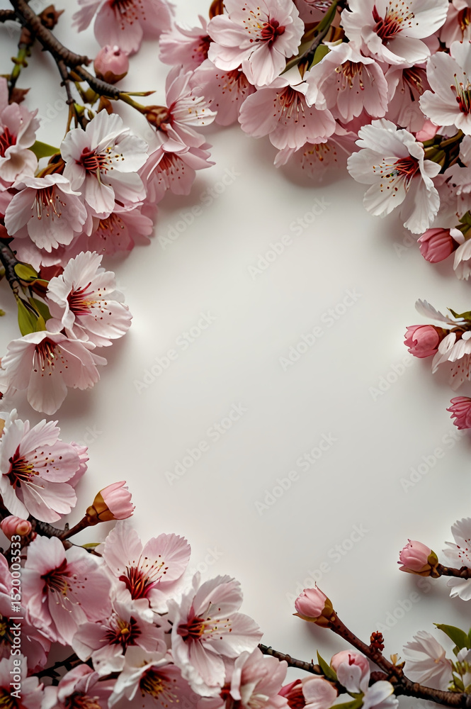 Fototapeta premium Spring composition with cherry blossoms on stele background, soft focus