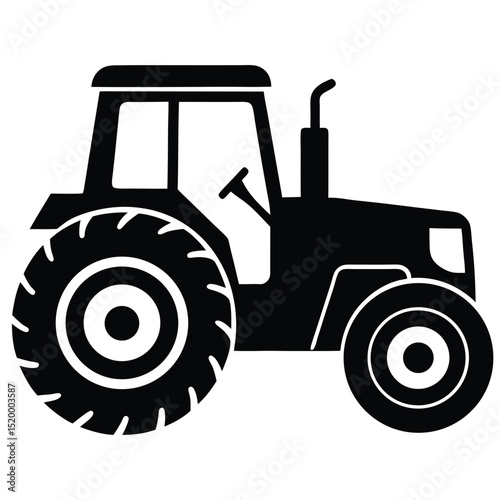 Black Silhouette of Modern Farm Tractor, Agricultural Vehicle Illustration for Farms and Fields