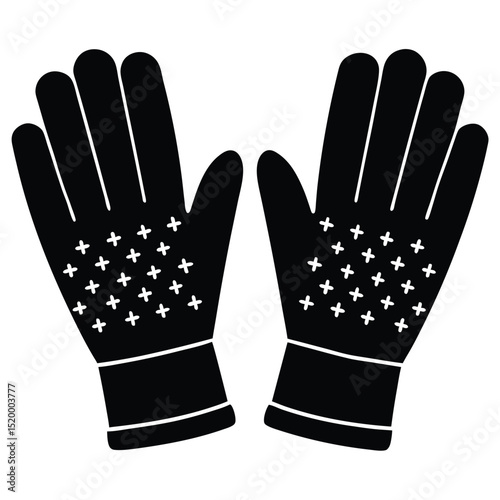 Black winter gloves with plus symbols pattern, hand warmer apparel for snowy days