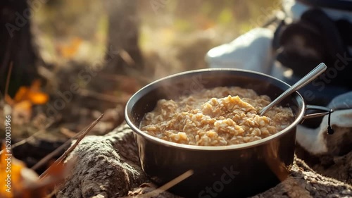 Hot steaming bowl of oats porridge outdoor, camping breakfast in nature scene