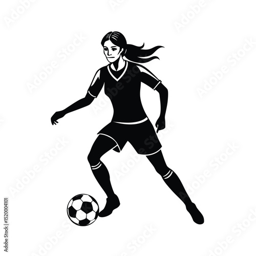 Vector Illustration of Female Soccer Player Dribbling Ball – Black and White Silhouette