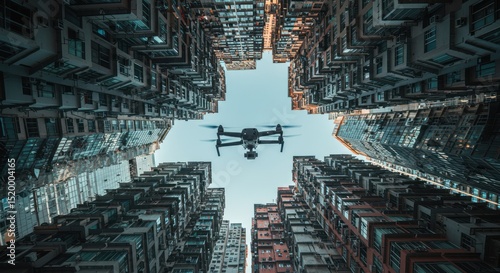 Drone navigates dense urban environment surrounded by towering apartments