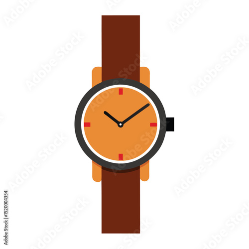 Isolated Modern Watch with Brown Band and Orange Face Timepiece Illustration