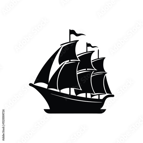 Silhouette of Classic Sailing Ship with Full Sails and Flying Flags on White