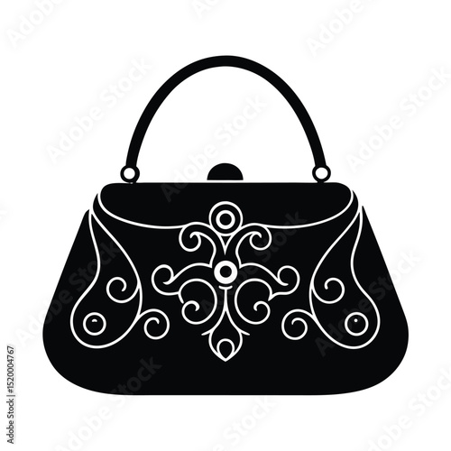 Silhouette of Handbag with Ornate Design, Black and White Elegant Fashion Accessory