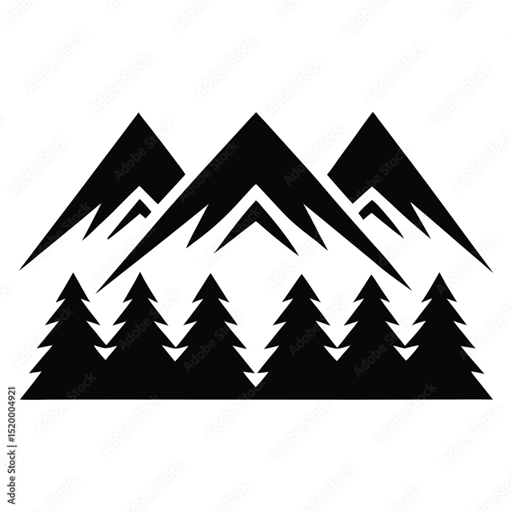 Fototapeta premium Silhouette of Three Mountain Peaks and a Forest of Evergreen Trees Illustration