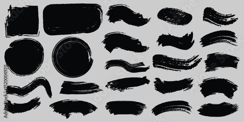 Brush strokes vector. Paint, ink brush, brush strokes, brushes, lines, frames, buttons, grungy rough grunge thick paint line texture. Brush line set. Black watercolor splatter, texture, frame. 