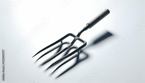 3D render of a modern garden pitchfork isolated on white background, clean shadows and realistic details.