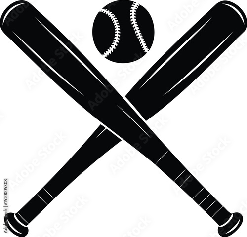 Silhouette vector illustration of crossed baseball bats with ball, perfect for sports logos, team graphics, athletic events, and American baseball-themed projects