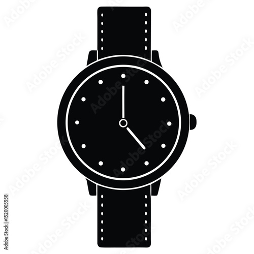 Stylish Black Wristwatch Illustration Classic Timepiece with Leather Strap and Round Dial Design