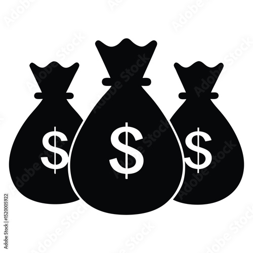 Three Black Money Bags with Dollar Signs Isolated on White Background