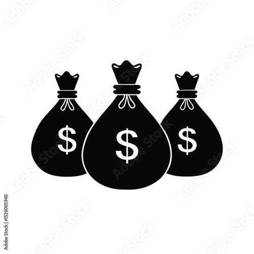 Three Black Money Bags with Dollar Signs on a Clean White Backdrop