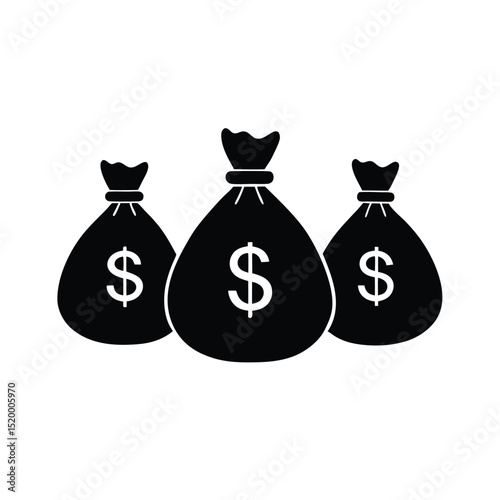 Three Black Moneybags Displaying Dollar Signs on a White Background, Economic Concept