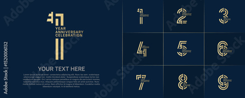 Anniversary logo type set with double line number. golden color for celebration event