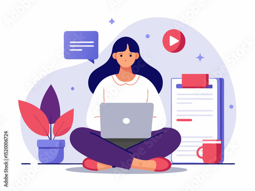 Professional career development scene with woman sitting on floor and reviewing resume