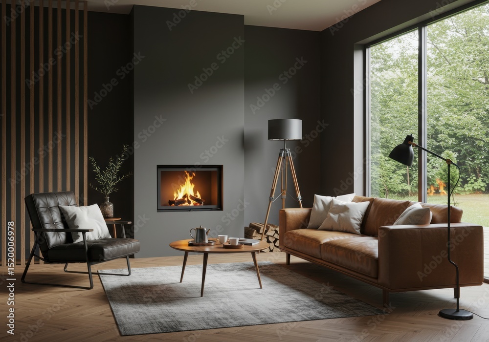 Fototapeta premium Modern Living Room with Fireplace, Leather Sofa, and Garden View