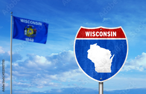 Interstate sign with flag of US State of Wisconsin