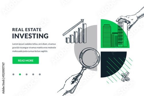 Real estate investing concept. Hand holding financial pie chart, magnifying lens and house. Vector sketch illustration