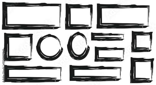 Rectangle Brush stroke, ink paint brush, grunge box. Black square shapes with brush borders on white background. Vintage grunge boxes for collage, text, banner, sticker, poster design.