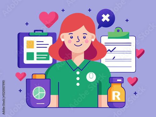Female pharmacist holding prescription form surrounded by medical supplies and health care symbols