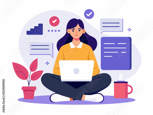 Clean flat style showing young woman creating resume on laptop in calm environment