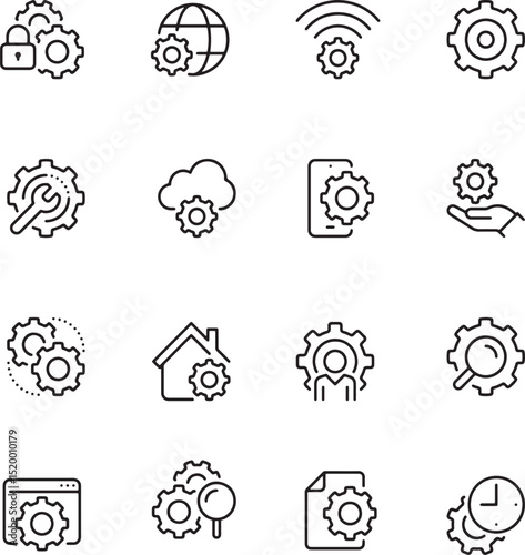 Icon set of settings preferences options control panel adjustment. Editable stroke. Thin line icons, flat illustrations.