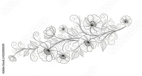 Floral Branch Illustration in Black and White | Decorative Botanical Element for Wedding Invitations, Stationery Design, and Tattoo Art