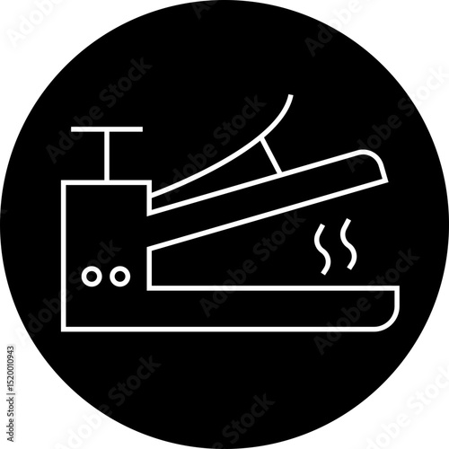 Heat press line icon. Cloth, hair straightener electric machine tool symbol. Vector of household hand iron device. Electronic hot steam seal maker. Plastic bag sealing logo on transparent background.